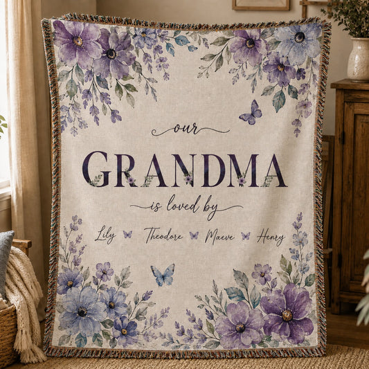 Personalized Mama Woven Blanket With Kids Names – Custom Floral Mother’s Day Throw Blanket