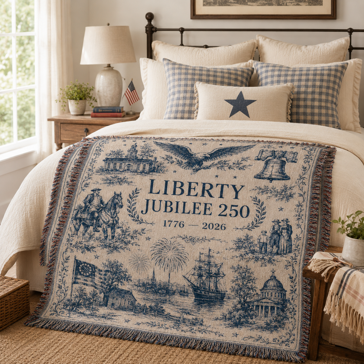 Liberty Jubilee 250 woven blanket styled on a farmhouse bedroom bed