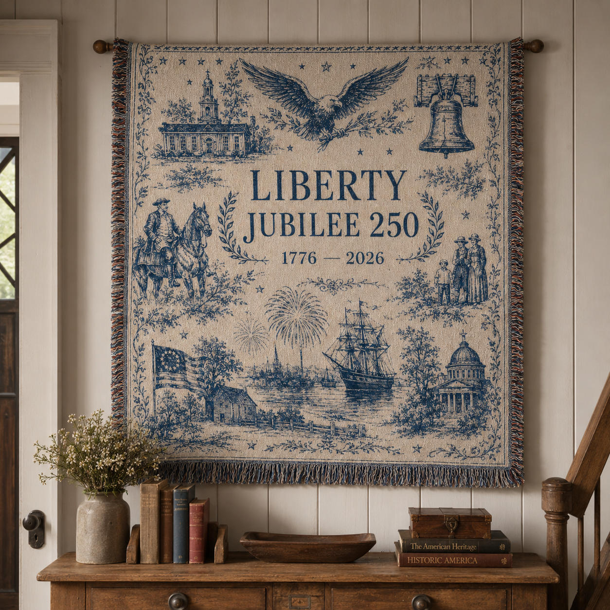 Liberty Jubilee 250 woven blanket displayed as wall decor
