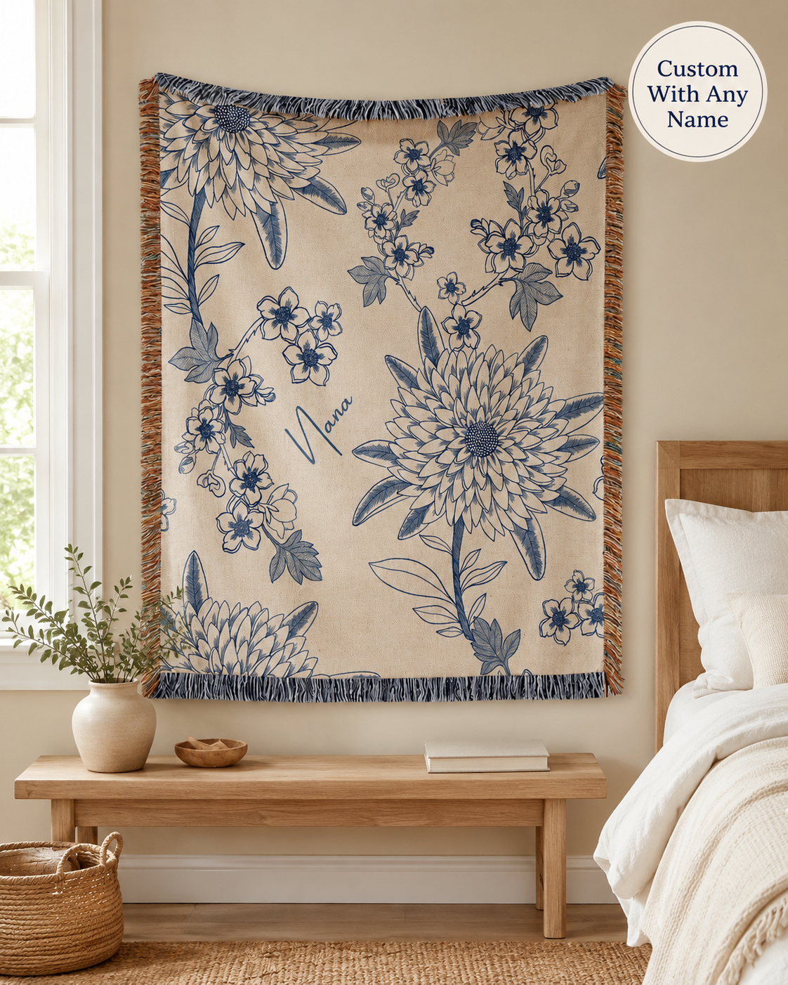 Blue floral woven blanket display
