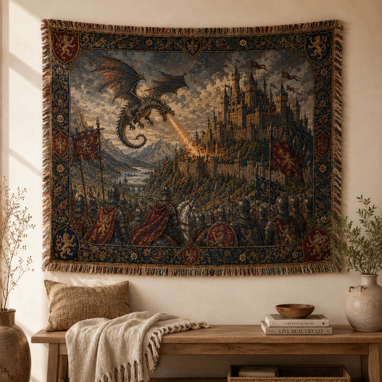 Dragon castle woven blanket displayed as wall decor