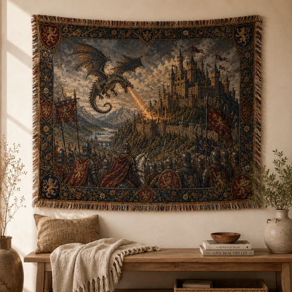 Dragon castle woven blanket displayed as wall decor