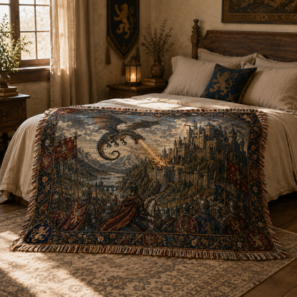 Dragon castle woven blanket styled on a medieval bedroom bed
