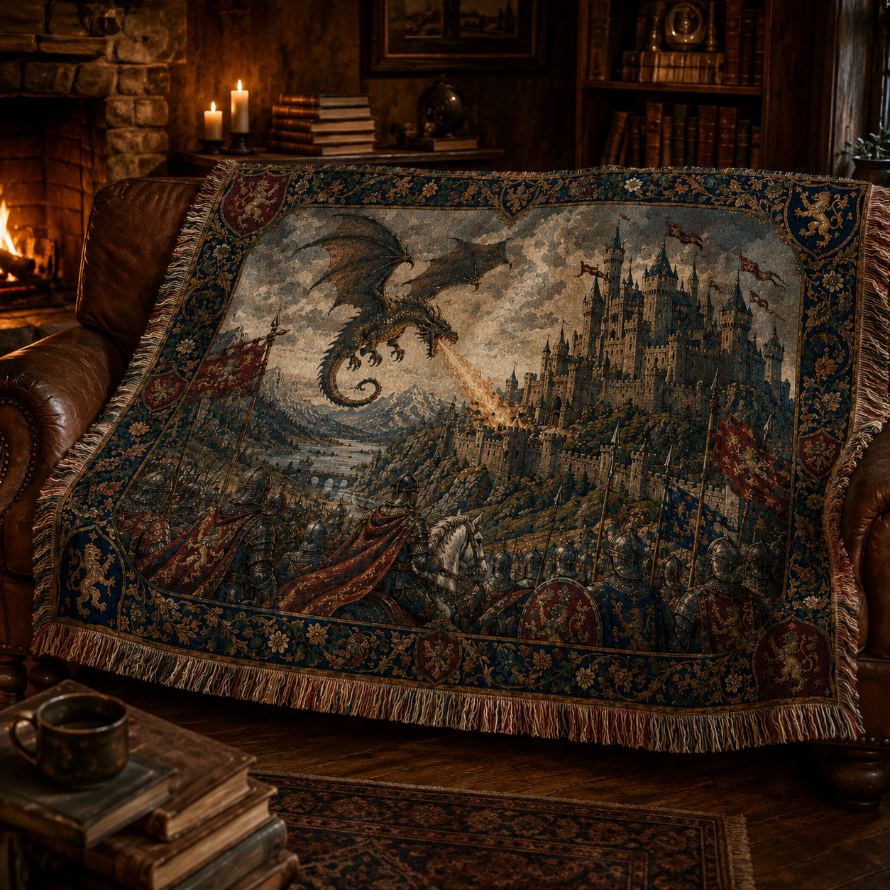 Dragon castle woven blanket draped in a cozy reading room