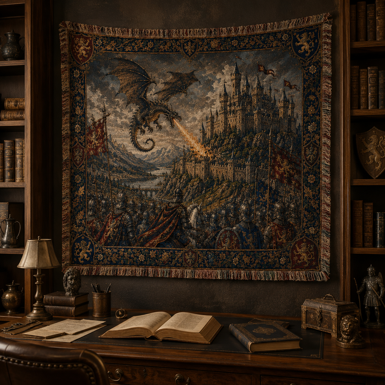 Dragon castle woven blanket styled in a vintage study room