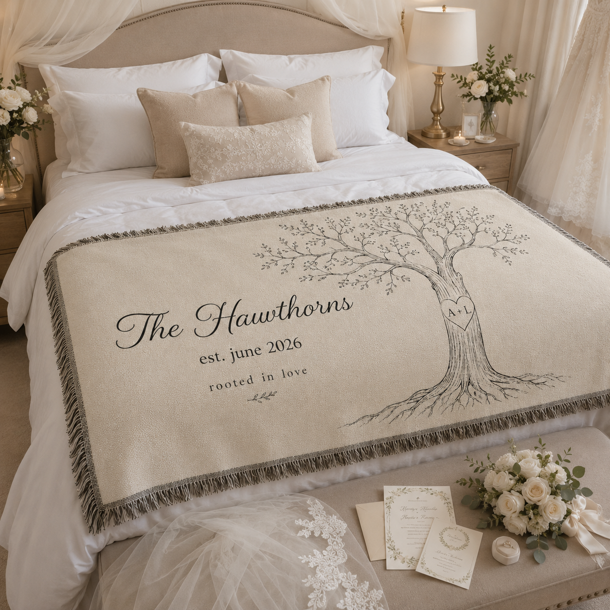 Personalized love tree woven blanket styled in a bridal suite
