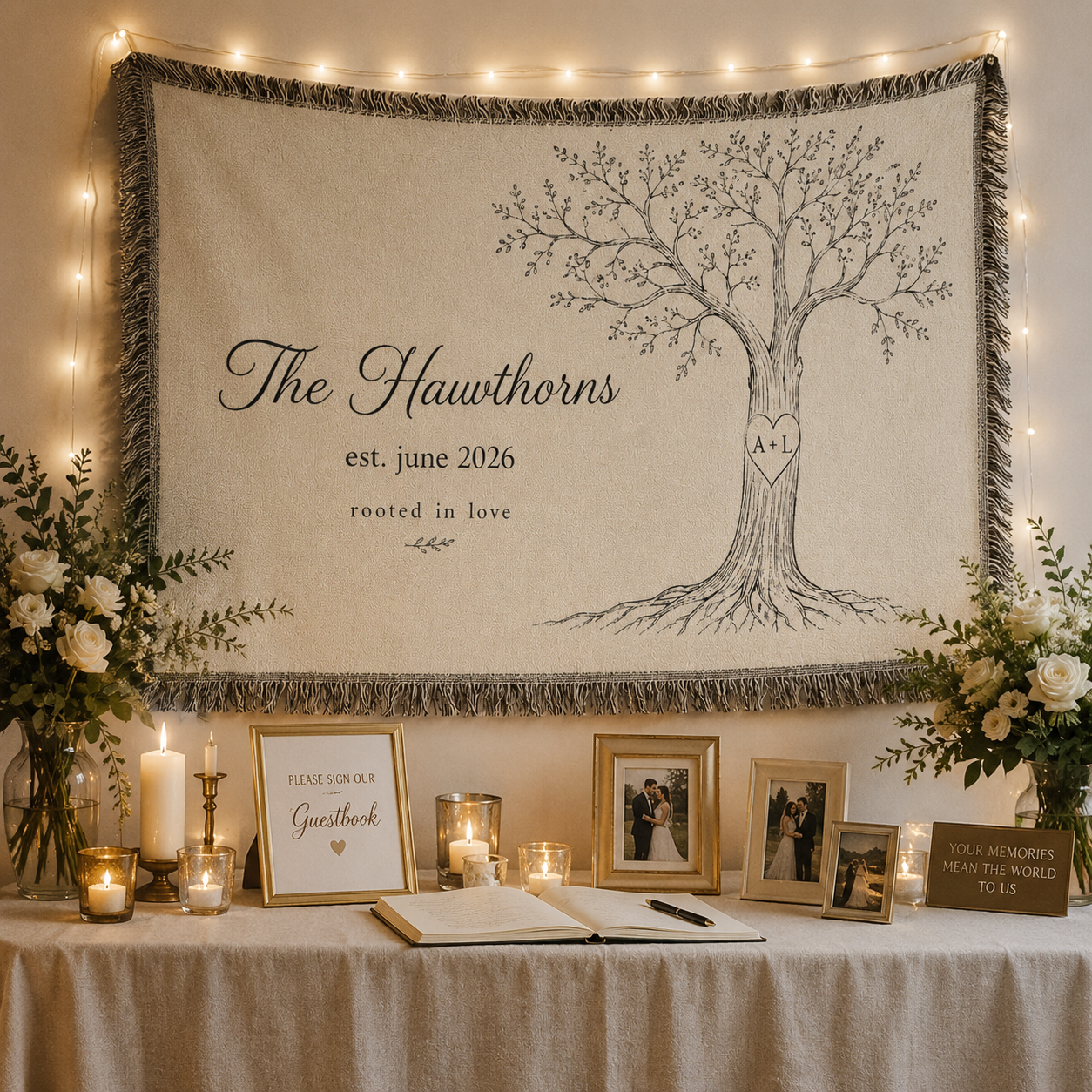 Personalized love tree woven blanket displayed above a wedding memory table