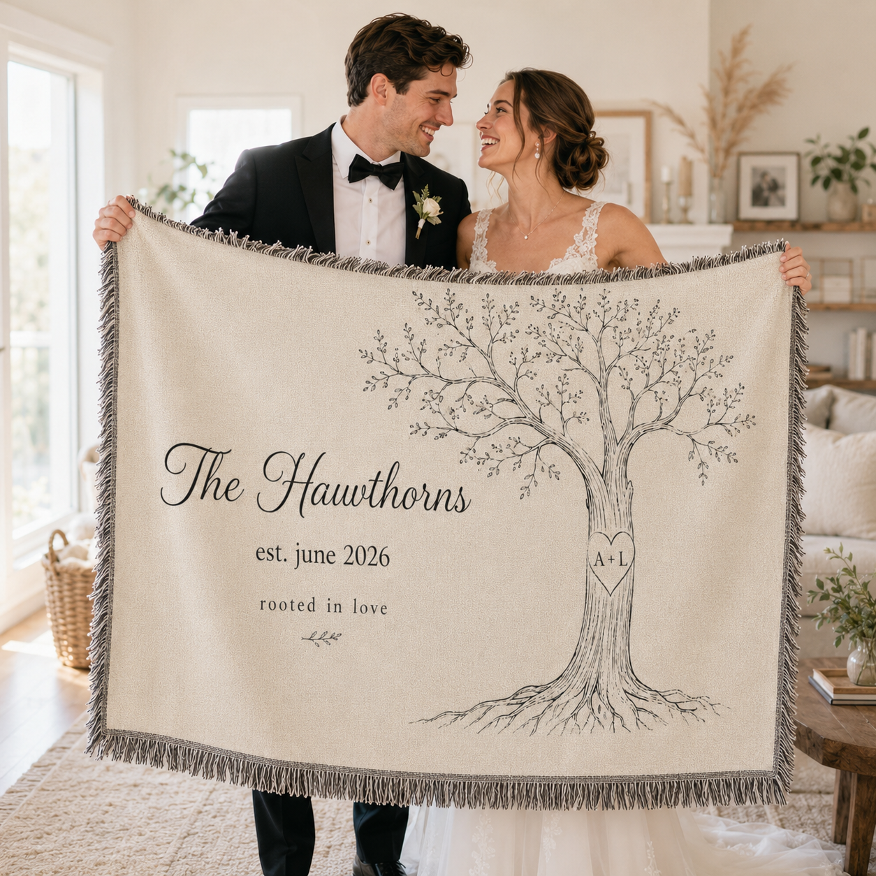 Newlywed couple holding a personalized love tree woven blanket