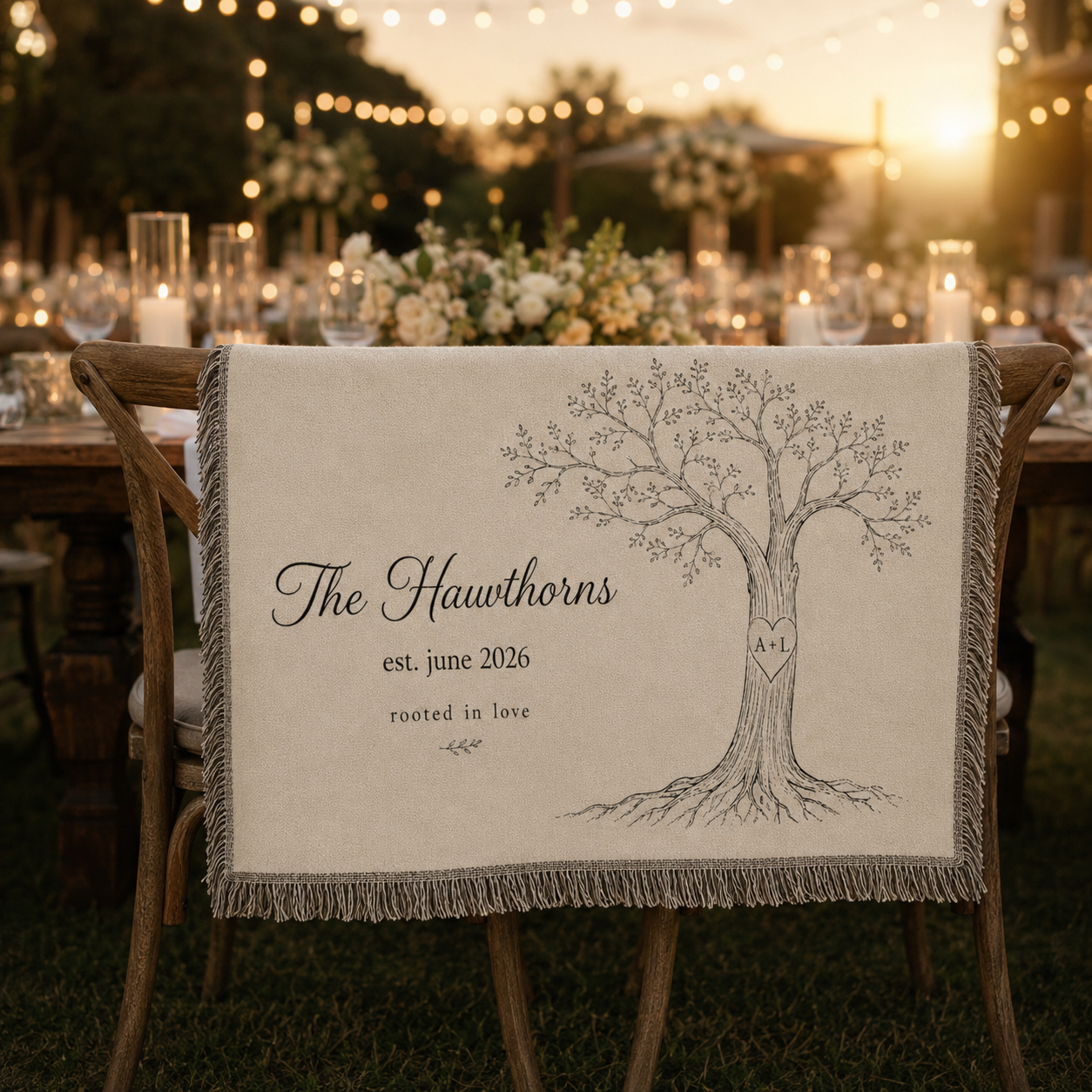 Personalized love tree woven blanket on wedding reception chairs
