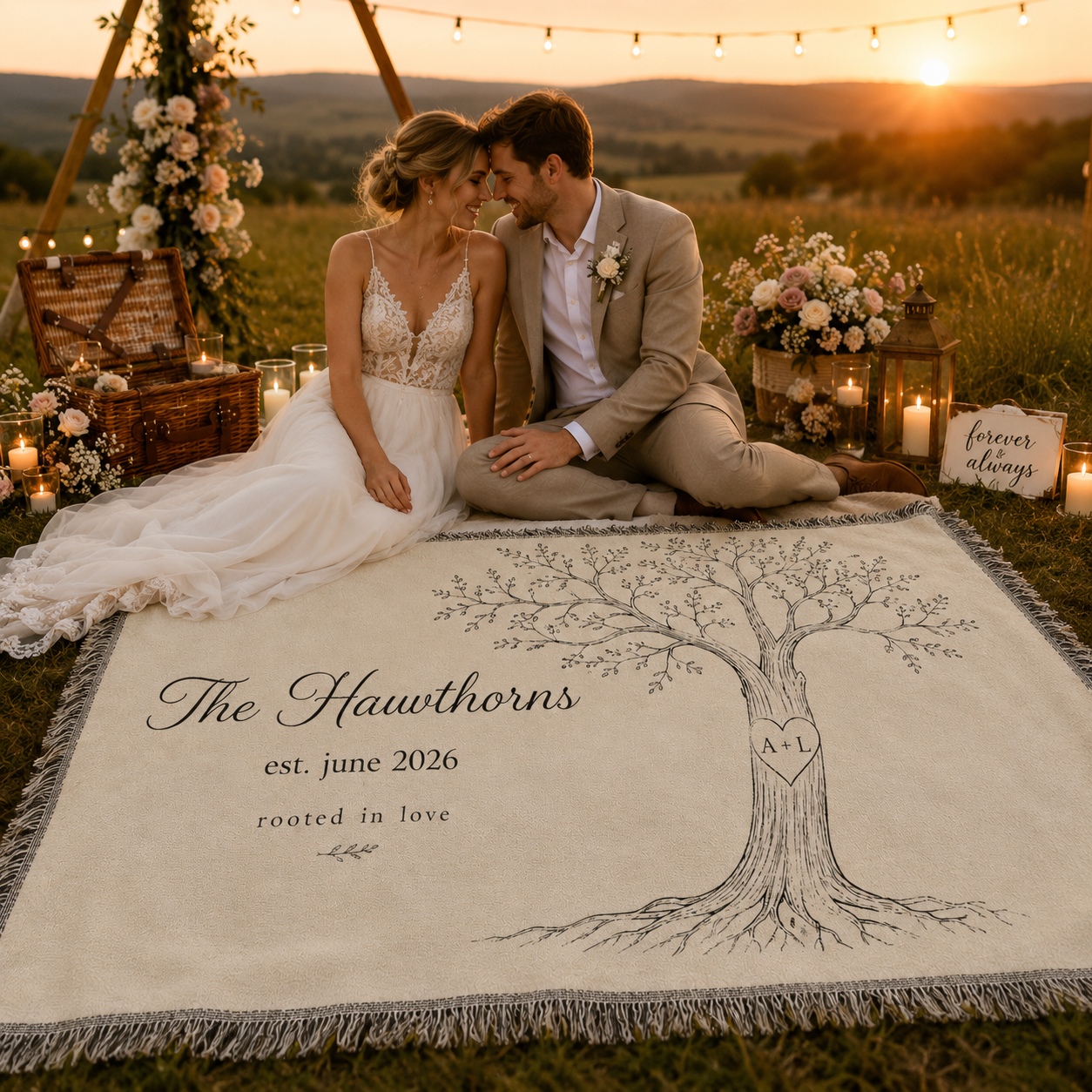 Personalized love tree wedding blanket at a romantic sunset picnic