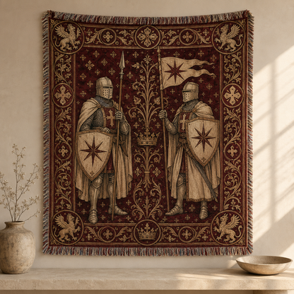 Medieval guardian woven tapestry blanket with two armored knights, heraldic griffins, star shields, and ornate burgundy border displayed on a wall