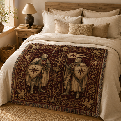 Medieval guardian woven tapestry blanket styled across a cozy rustic bedroom bed