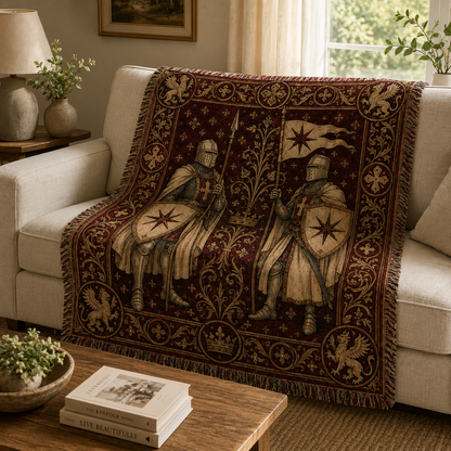 Medieval guardian woven tapestry blanket draped over a cream sofa in a warm living room
