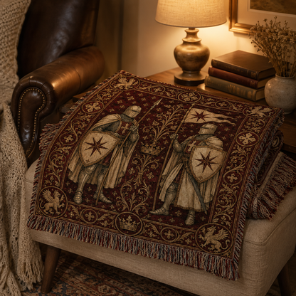 Medieval guardian woven tapestry blanket folded on an ottoman in a cozy reading nook