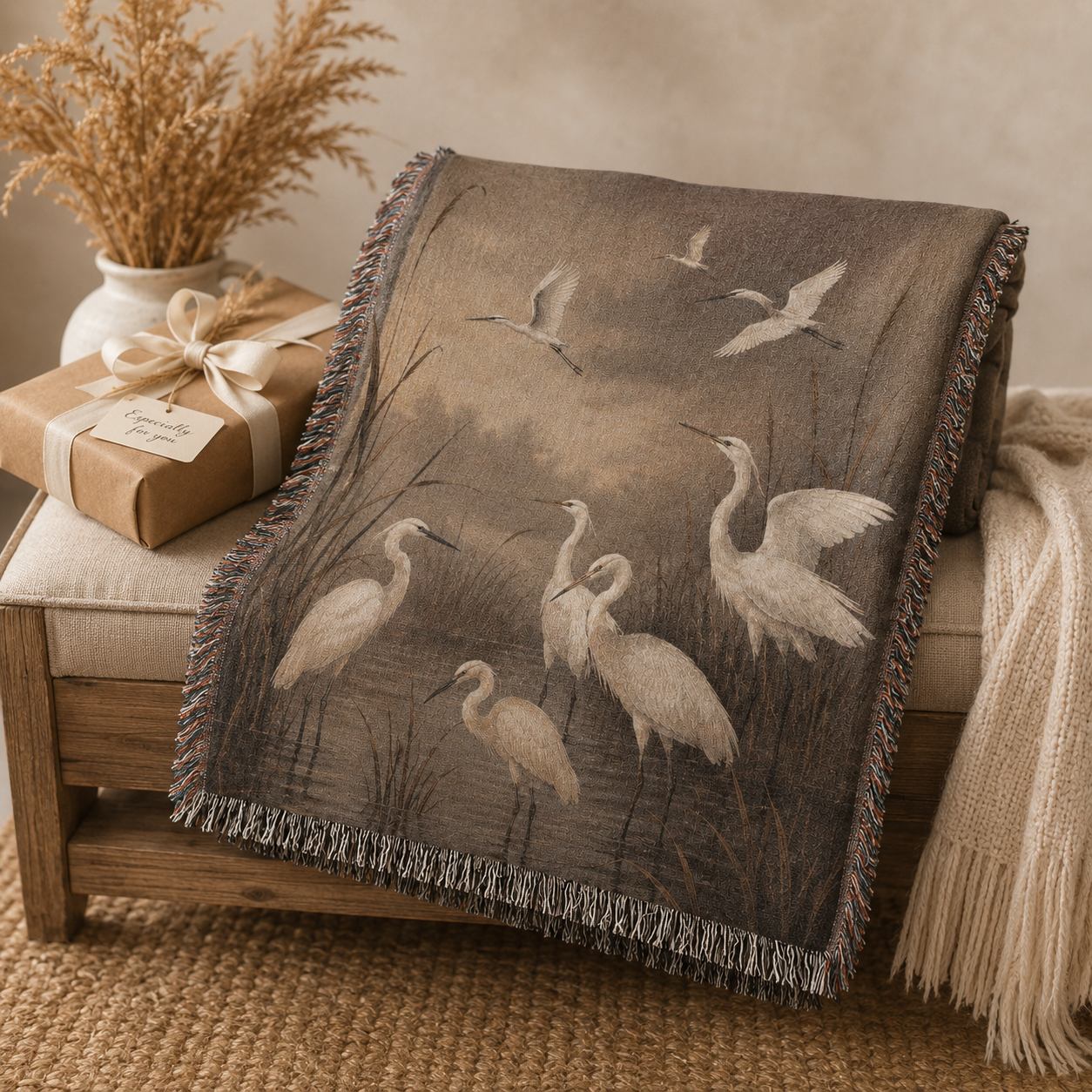 Nature bird woven blanket folded as a gift