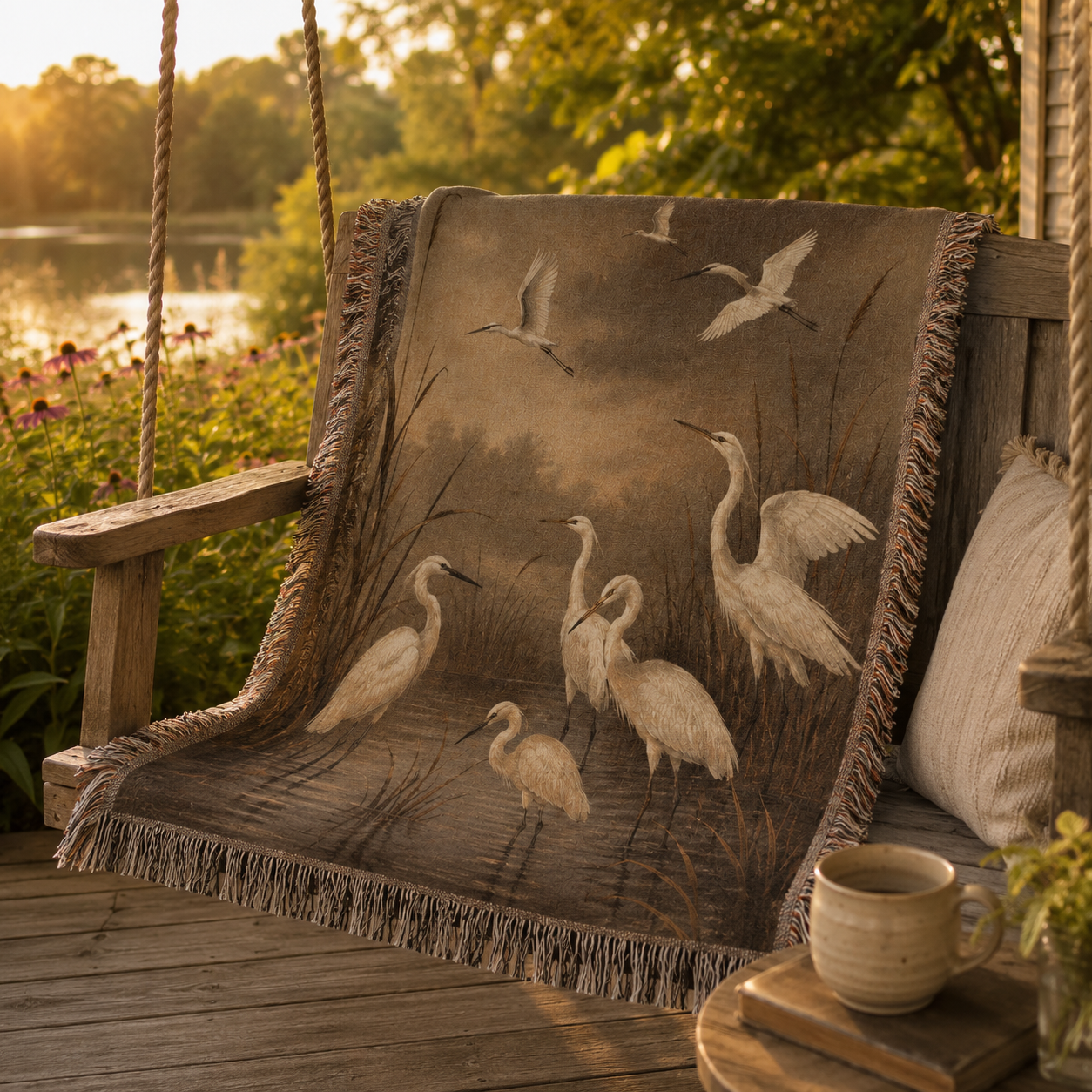 Nature bird woven blanket on a porch swing