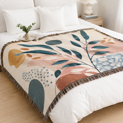 Modern abstract botanical woven blanket with teal leaves, blush pink, terracotta, mustard and dusty blue shapes styled on a bright white bed