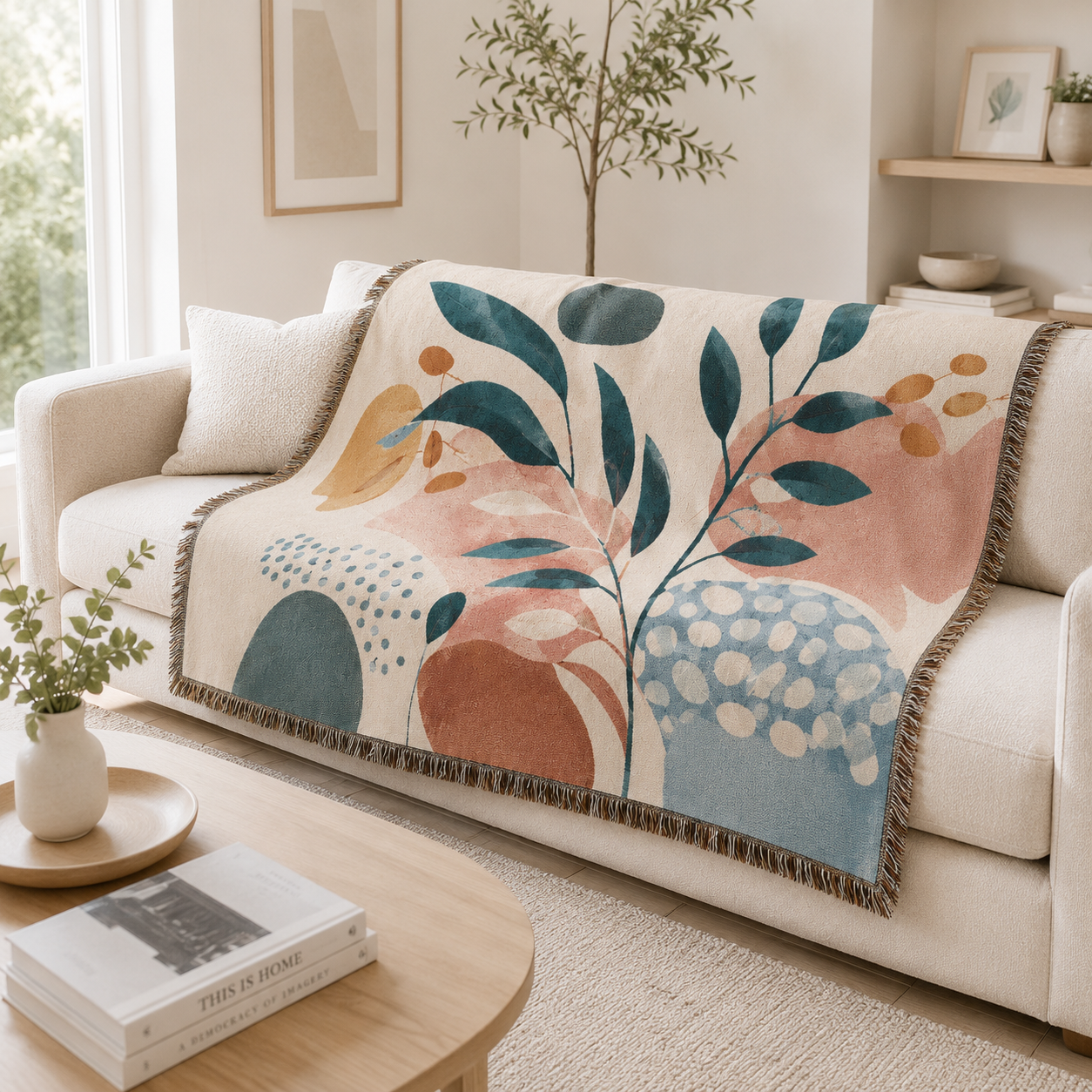 Abstract botanical woven blanket draped over a cream sofa in a bright modern living room