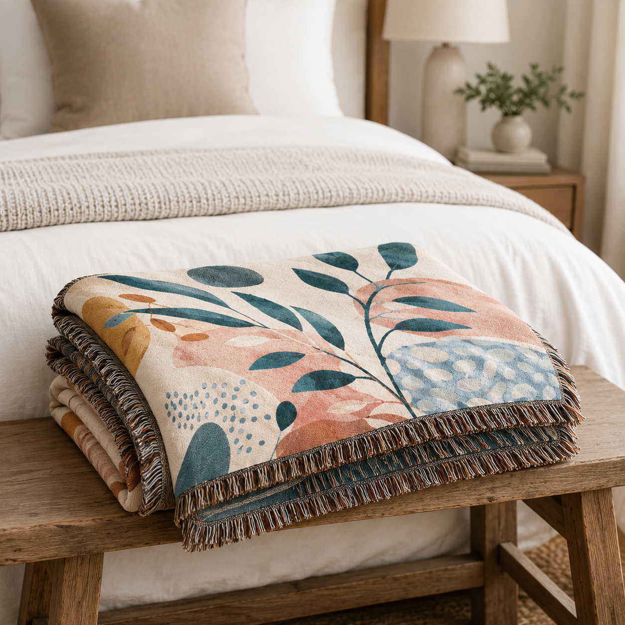Modern abstract botanical woven blanket folded on a rustic wooden bench at the foot of a neutral bed