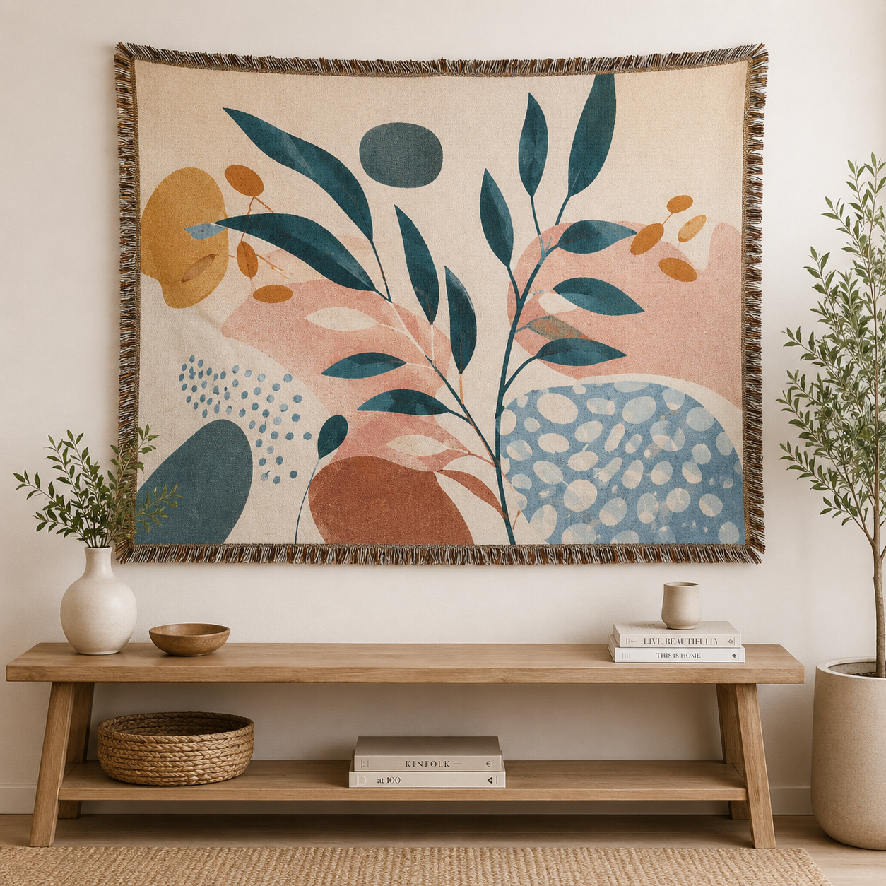 Modern abstract botanical woven blanket displayed as wall tapestry above a minimalist wooden console