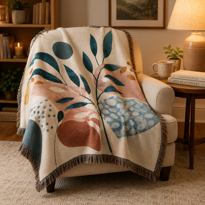 Modern abstract botanical woven blanket draped over a cozy armchair in a warm reading nook