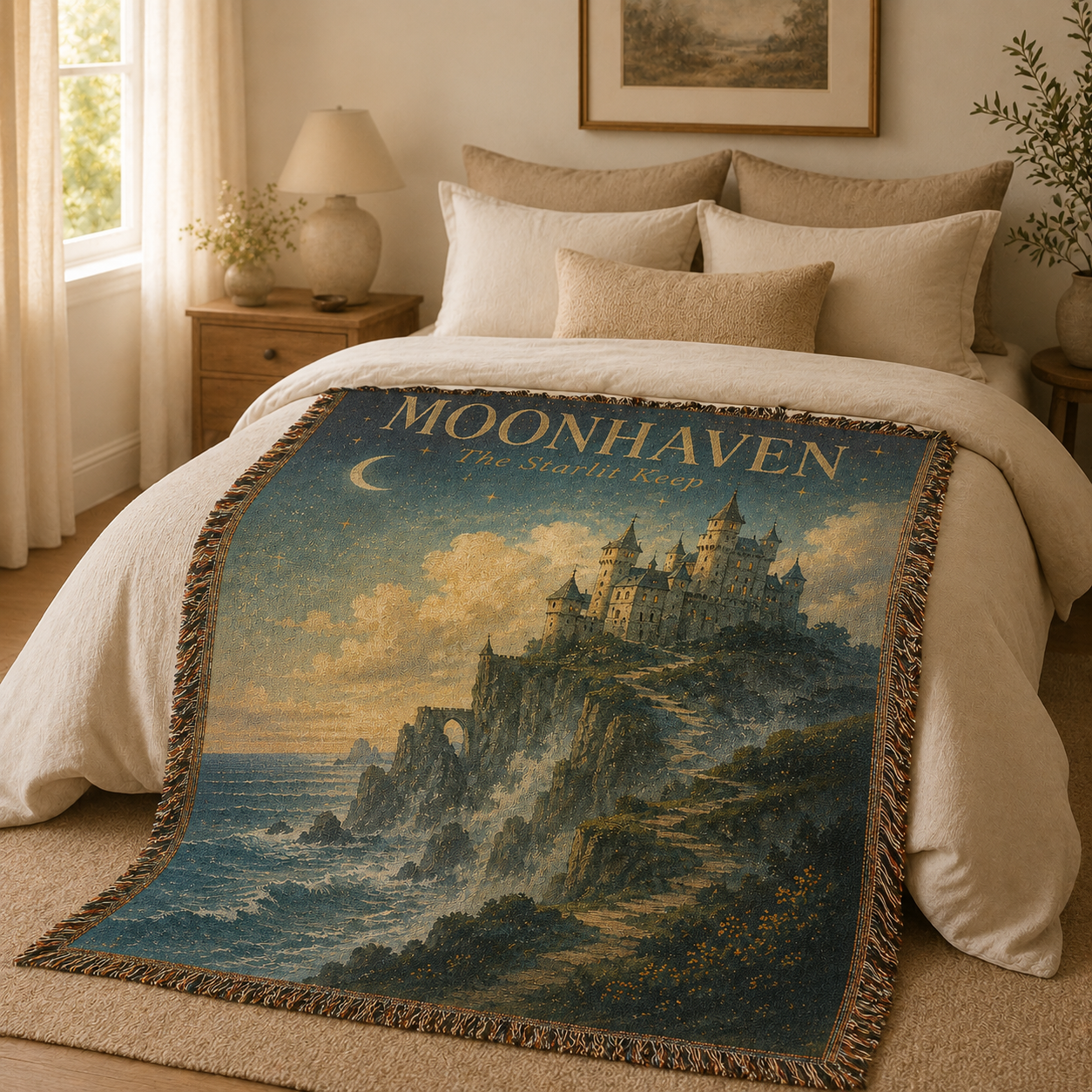 Moonhaven woven tapestry blanket bedroom lifestyle image