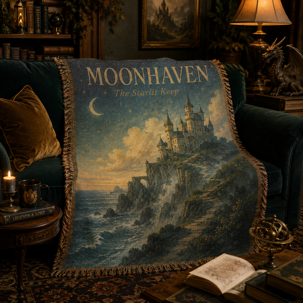 Moonhaven woven tapestry blanket moody reading room lifestyle image
