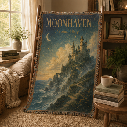 Moonhaven woven tapestry blanket cozy reading nook lifestyle image