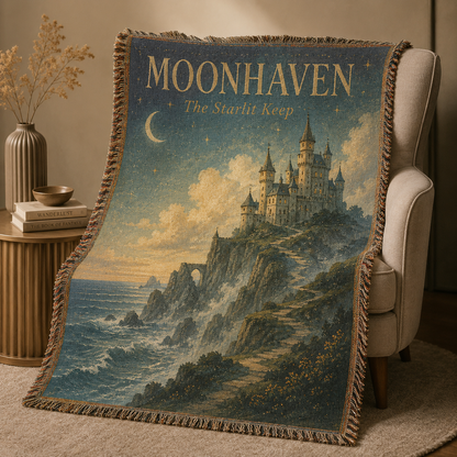 Moonhaven The Starlit Keep fantasy castle woven tapestry blanket draped over an accent chair