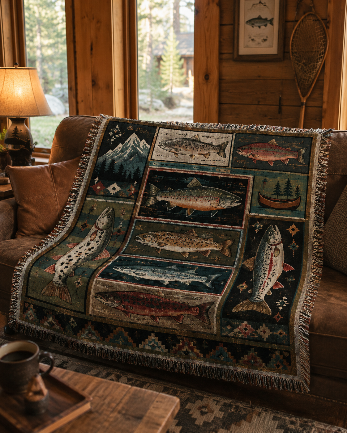 Mountain fish woven blanket styled on a rustic cabin sofa