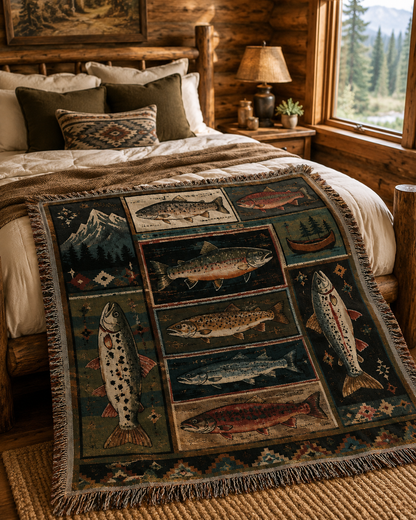 Mountain fish woven blanket displayed on a cabin bedroom bed