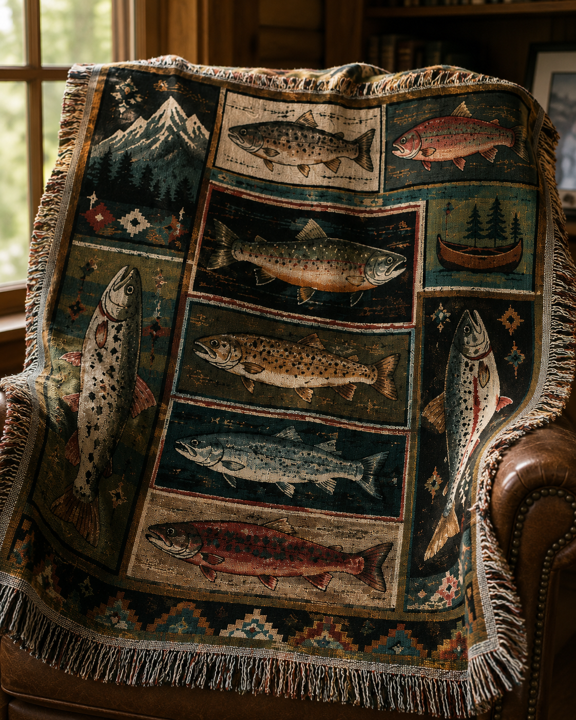 Close-up of mountain fish woven blanket texture and fringe