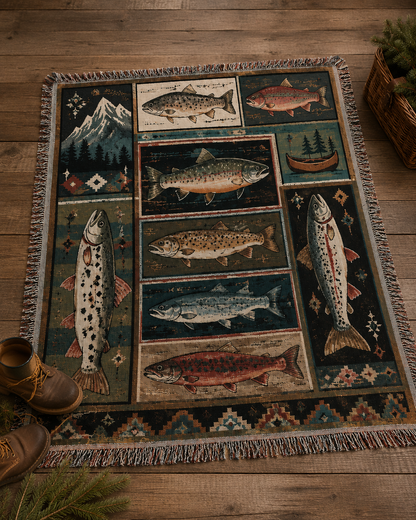 Mountain fish woven blanket flat lay on rustic wood floor