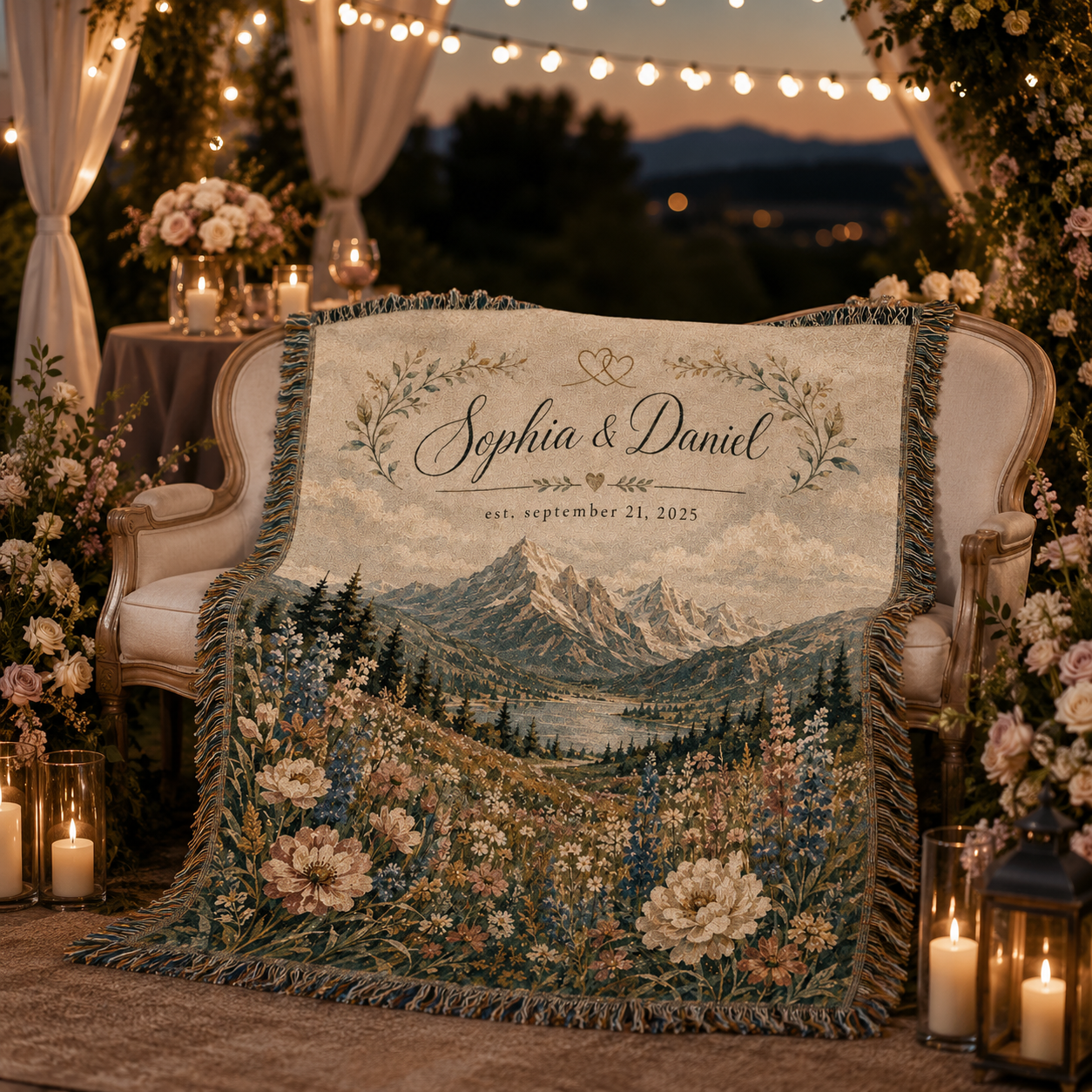 Personalized mountain wedding blanket in a romantic evening wedding lounge