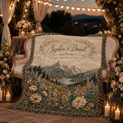 Personalized mountain wedding blanket in a romantic evening wedding lounge