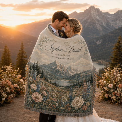 Newlywed couple wrapped in a personalized mountain wedding blanket