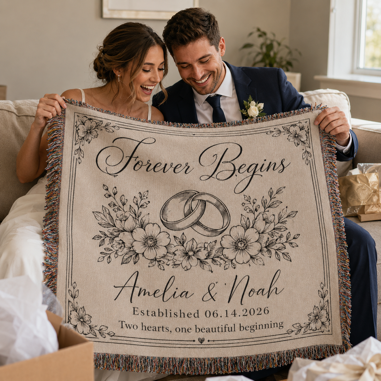 Newlywed couple opening a personalized woven wedding blanket gift