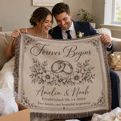 Newlywed couple opening a personalized woven wedding blanket gift