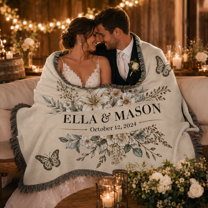 Newlywed couple wrapped in a personalized wedding woven blanket