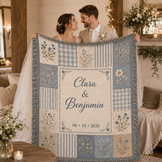 Newlywed couple holding a personalized blue floral woven wedding blanket