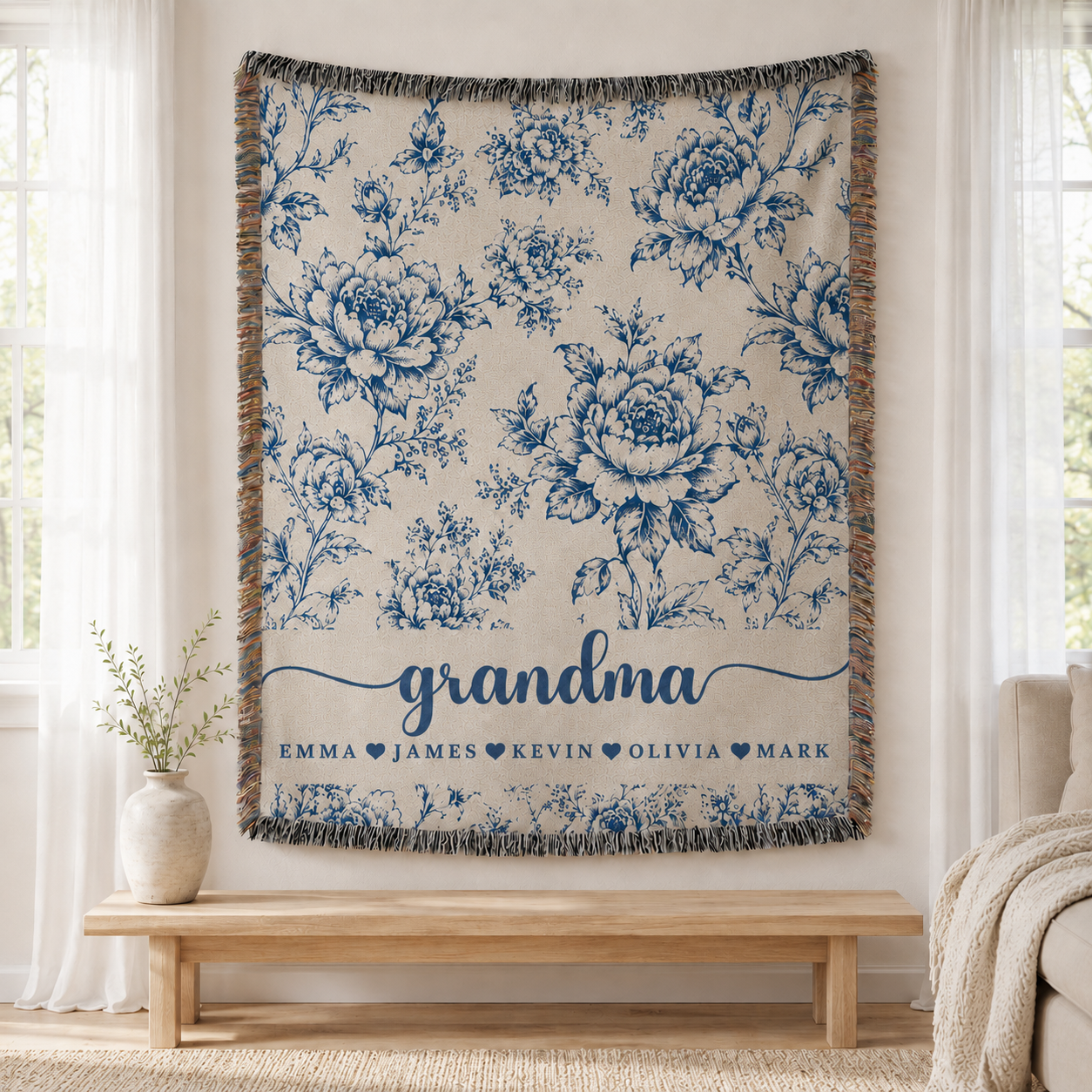 Personalized Grandma Woven Blanket With Grandkids Names, Custom Blue Floral Throw Blanket Gift