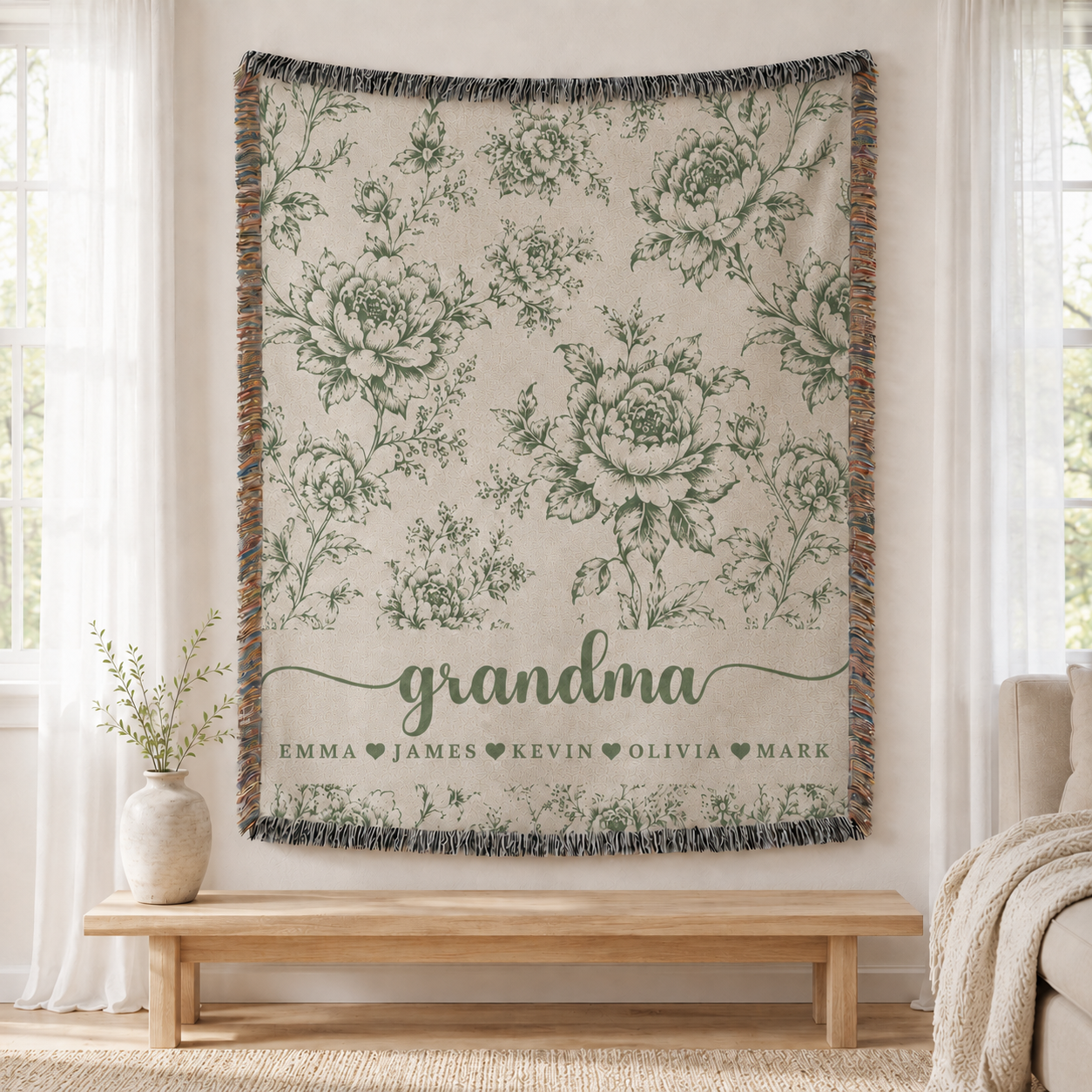 Personalized Grandma Woven Blanket With Grandkids Names, Custom Blue Floral Throw Blanket Gift