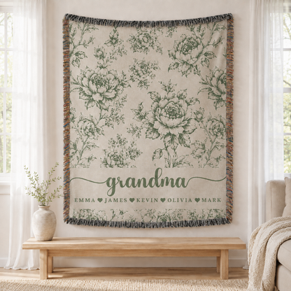 Personalized Grandma Woven Blanket With Grandkids Names, Custom Blue Floral Throw Blanket Gift