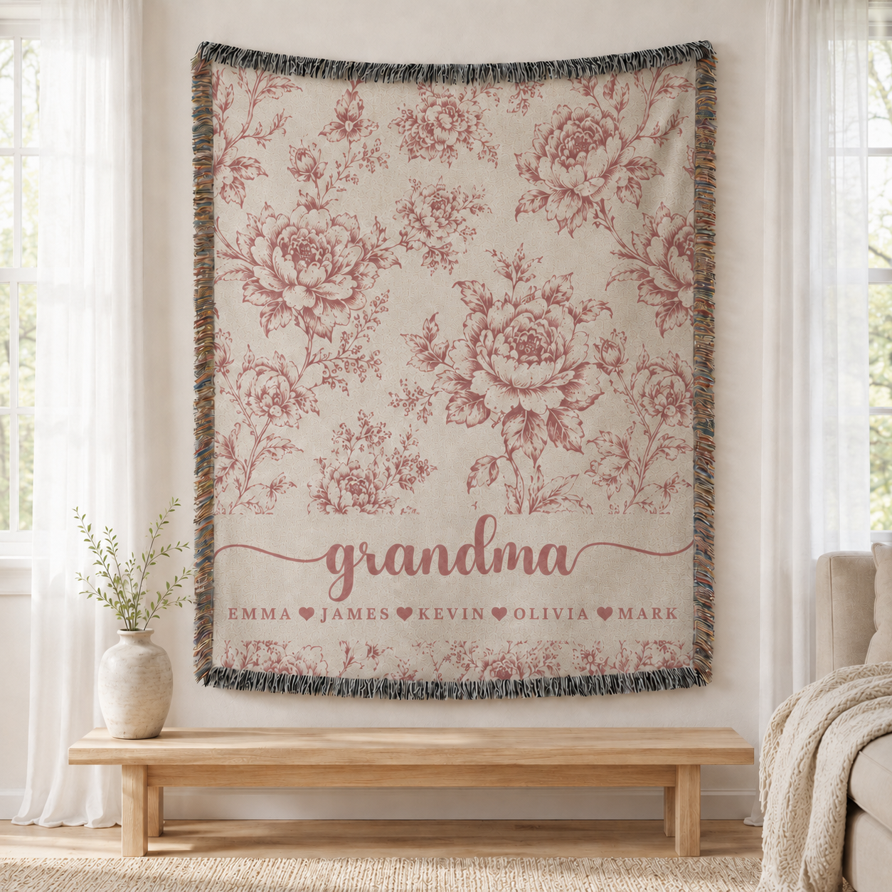 Personalized Grandma Woven Blanket With Grandkids Names, Custom Blue Floral Throw Blanket Gift