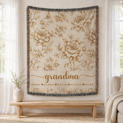 Personalized Grandma Woven Blanket With Grandkids Names, Custom Blue Floral Throw Blanket Gift