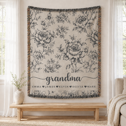 Personalized Grandma Woven Blanket With Grandkids Names, Custom Blue Floral Throw Blanket Gift