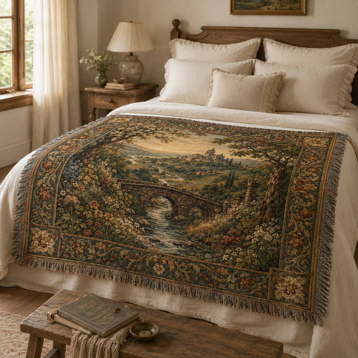Old world abbey valley woven tapestry styled across a cream bed in a cozy rustic bedroom