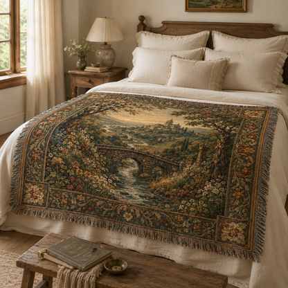 Old world abbey valley woven tapestry styled across a cream bed in a cozy rustic bedroom