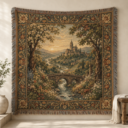 Old world abbey valley woven tapestry blanket with stone bridge and floral border displayed on a wall