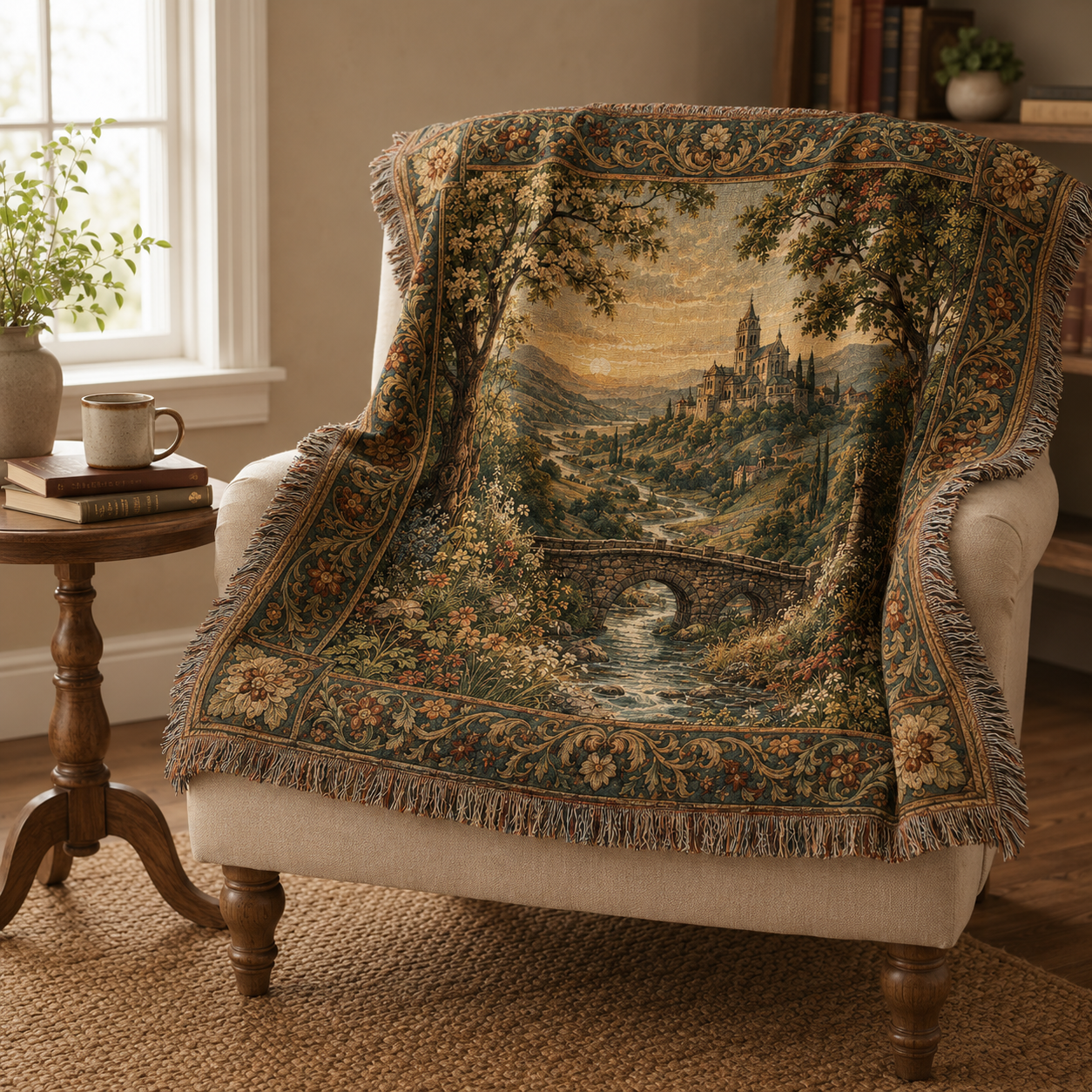 Old world abbey valley woven tapestry draped over a cozy reading chair beside books and a mug